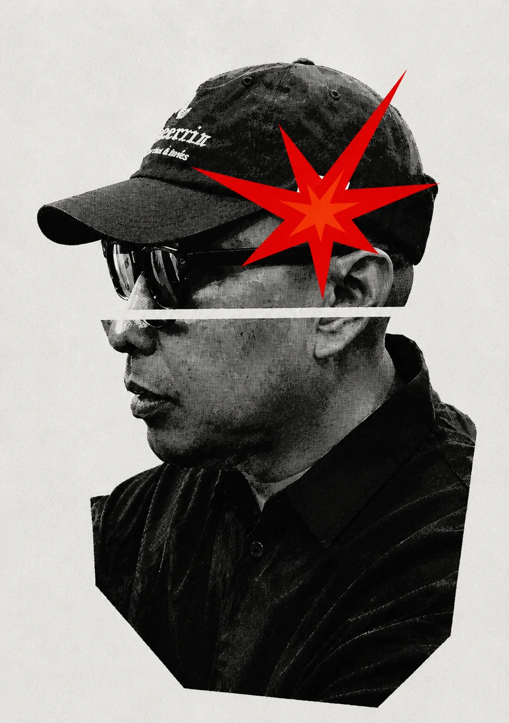 Collage portrait of Yanto Sani in sunglasses, with a red starburst